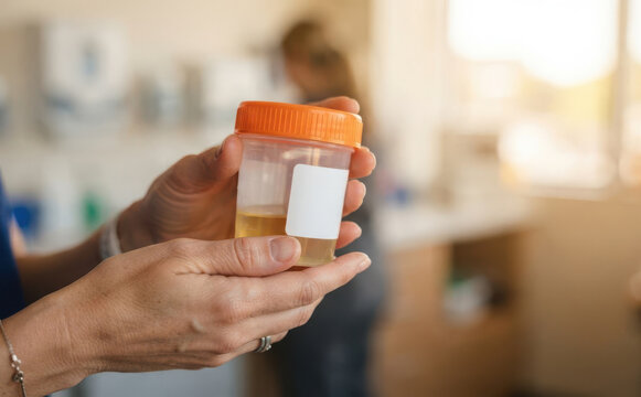 Female healthcare professional holding a urine sample container in a medical laboratory for testing
