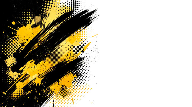 Premium Black and Yellow Abstract Background with Grunge Brushstrokes and Halftone Dots on Left
