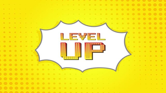 LEVEL UP icon. Pixel art 8 bit. retro game in vector illustrations on retro yellow background.