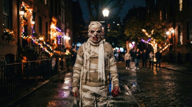 A zombie walks down a cobblestone street at night, wrapped in bandages. The zombie is illuminated by the warm glow of streetlights and festive decorations.