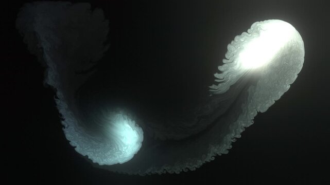 Unbound bright smoke orbs separating and curving in opposite direction