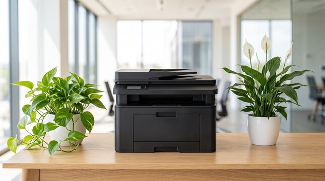 Multifunction Printer on Office Desk with Potted House Plants in a Bright Professional Workspace