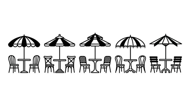Black and white cafe table and umbrella vector icon set featuring line art terrace furniture designs on white background, perfect for web design, restaurant branding and travel brochure