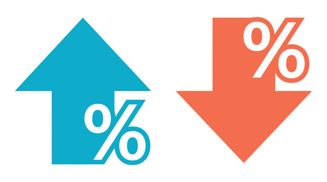 Percentage arrows showing upward growth and downward trend with blue and orange symbols against white background, perfect for financial presentation, economic report and market analysis