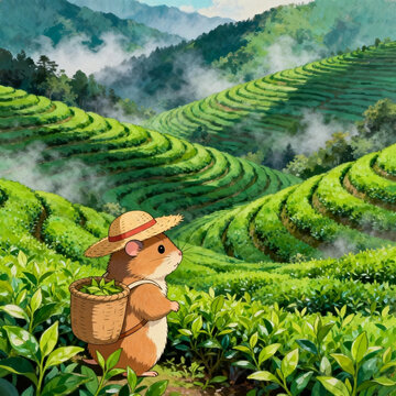 Cute Hamster Picking Tea On Misty Terraced Hills