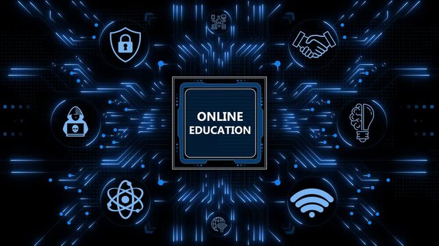 Online education concept shown on a futuristic microchip processor with digital icons, highlighting modern e-learning technology and networking.