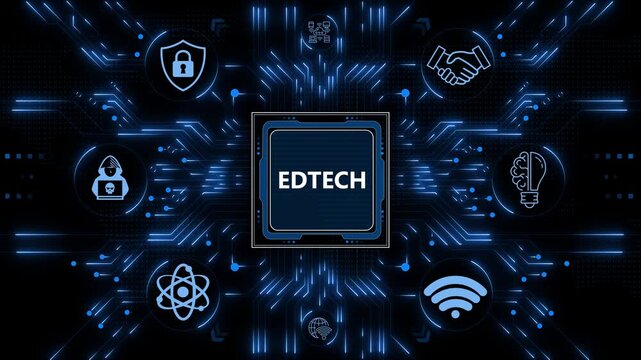 Edtech digital concept displayed on a futuristic computer processor chip surrounded by various networking technology icons on a dark blue background