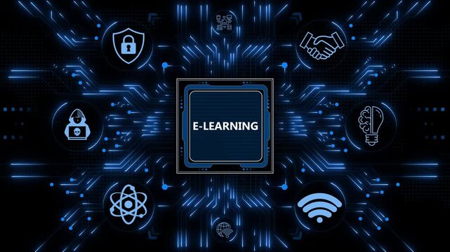E-learning technology interface showing digital online education icons on a glowing futuristic motherboard background for remote distance learning.