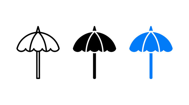 Set of Three Beach Umbrella Icons in Outline and Solid Vector Graphic Styles