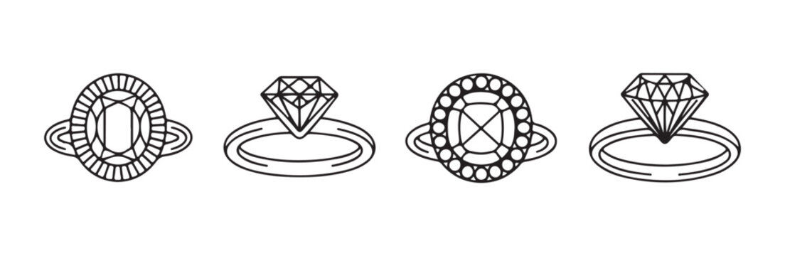 black outline diamond ring vector jewelry icon set collection.