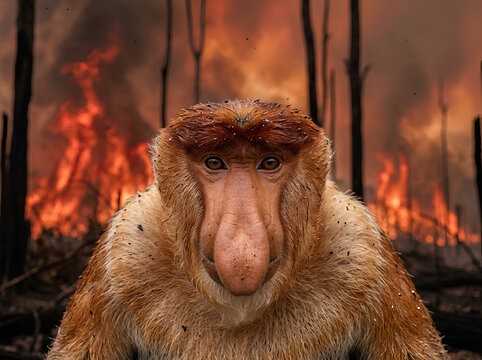 Close up portrait of proboscis monkey against burning rainforest wildfire background