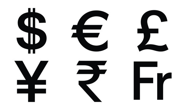 Collection of global currency symbols including dollar euro pound yen rupee franc