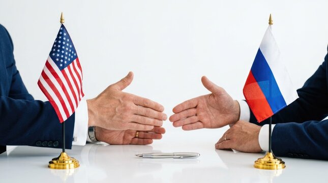 Two men in suits shake hands across a white table. An American flag and a Russian flag stand on gold stands beside the table.