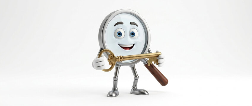 Cartoon Magnifying Glass Character Holding Vintage Key Solution Discovery Secrets