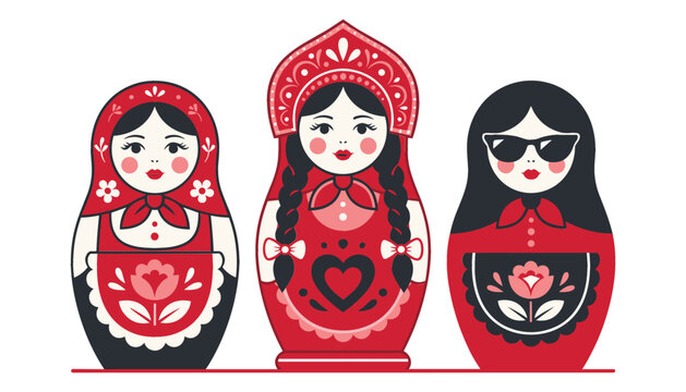 Russian nesting doll matryoshka traditional folk vector collection. Babushka, flower, kokoshnik, braid, heart, sunglasses, pattern, ornament, red, illustration.