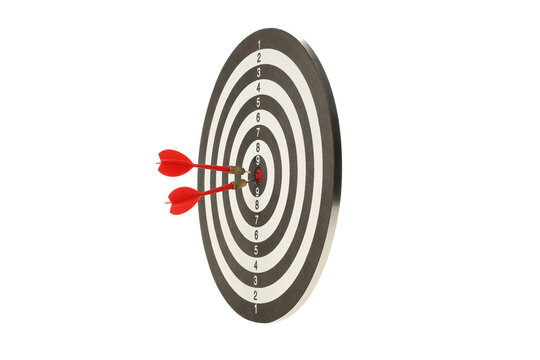 Two red darts hit the dartboard's center, isolated on white, PNG