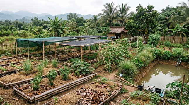 Homestead garden includes several raised planting beds and a fish pond situated near a traditional wooden shelter.