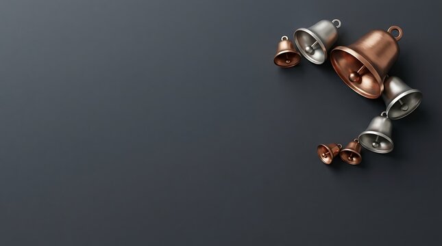 Antique brass bells arranged on a dark gray slate background with copy space