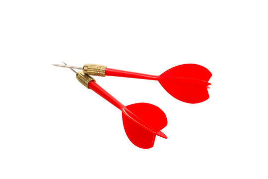 Two red metal-tipped darts for games, isolated on white, PNG