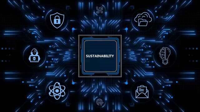 Sustainability processing on a digital microprocessor chip with glowing circuit boards and futuristic icon nodes representing global ecological