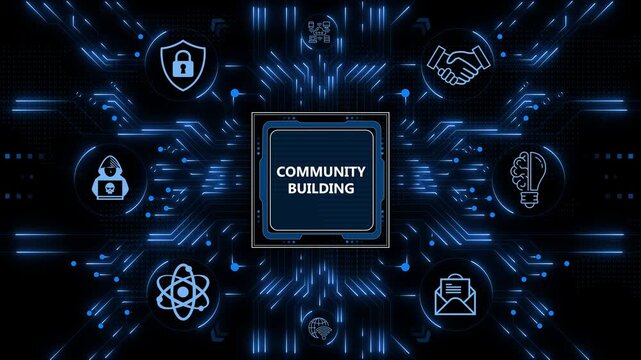 Community building digital interface showing network connection and group engagement software development social interaction platform setup process