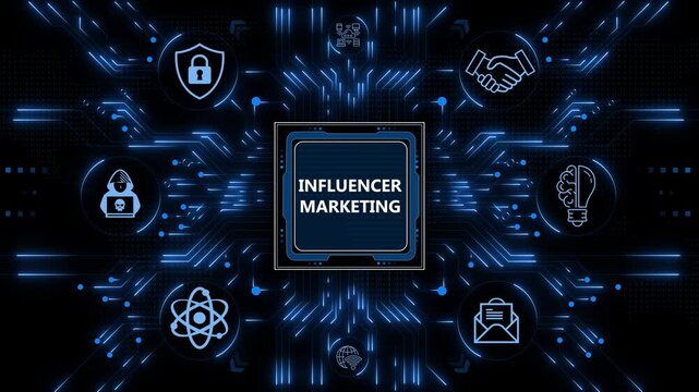 Influencer marketing strategy displayed on a digital interface with social media promotion icons, glowing blue lines, and modern network connections.