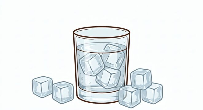 A hand drawn vector illustration of a clear glass tumbler filled with cold vodka or water and ice cubes on a white background. Perfect for cocktail menus, bar promos, nightlife graphics, and beverage 