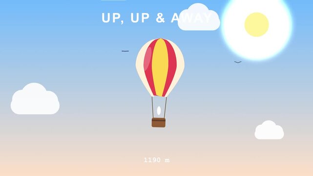 Hot air balloon ascending over rolling hills during sunrise with wispy clouds