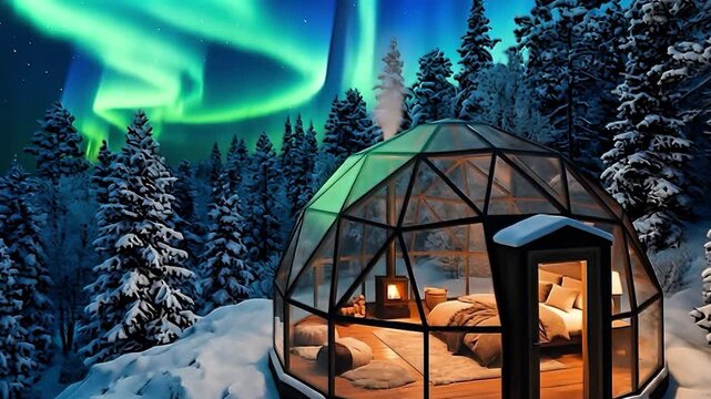 A cozy glass dome igloo cabin with a warm lit interior, bed, and stove nestled in a snowy winter forest at night under a vibrant green aurora borealis (Northern Lights).
