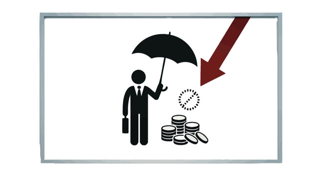 Business professional holding protective umbrella beside declining coin stacks under red economic arrow indicator