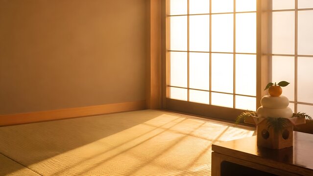 温かい自然光が差し込む落ち着いた和室に飾られた新年の鏡餅