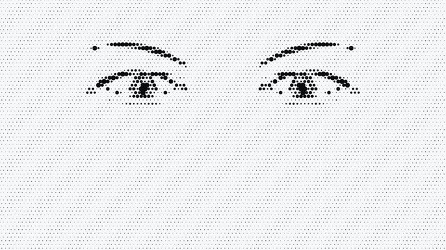 Stylized Halftone Raster Human Eyes Blinking Animation on White Dot Matrix Screen Background