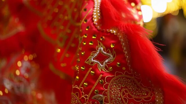 60 FPS macro pan across red and gold embroidered festival costume with feather trim and bokeh lights