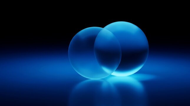 Two translucent spheres overlap on a dark reflective surface illuminated with cool blue light globes orbs lighting