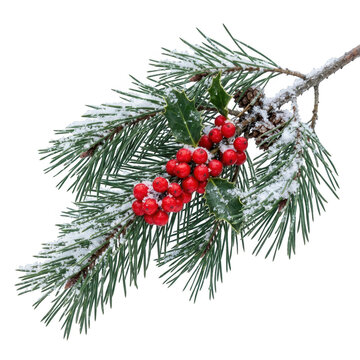Snowy pine branch with red holly berries and pinecones isolated on transparent background