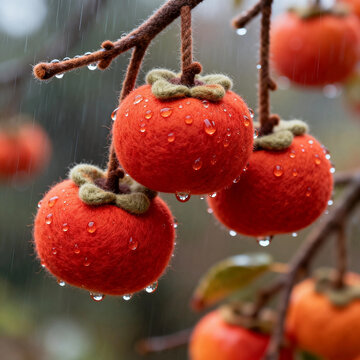 Needle‑felt Persimmons On Branch With Raindrops