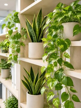 Potted indoor plants on light wood shelves against a neutral wall