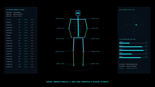 4K 60fps 10-second seamless loop animation of a bipedal humanoid robot wireframe skeleton performing dynamic gait balance with joint actuator torque telemetry and center-of-mass stability on black bac