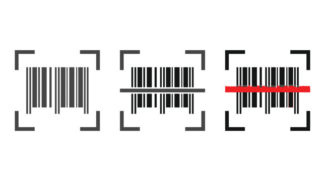 Three barcodes inside scan frames, one with red scan line
