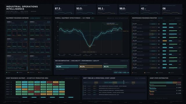 Cinematic 4K Industry 4.0 operations dashboard animation displaying OEE trends, equipment readiness status, and real-time manufacturing intelligence on a dark industrial interface with seamless loop.