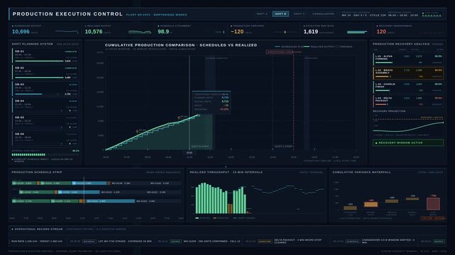 Cinematic animation of a sophisticated manufacturing command center comparing scheduled output with actual production volume, showcasing real-time analytics and performance metrics.