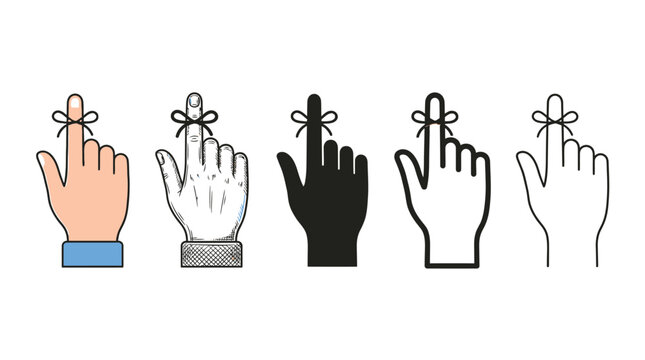 Five hands with strings tied around index fingers