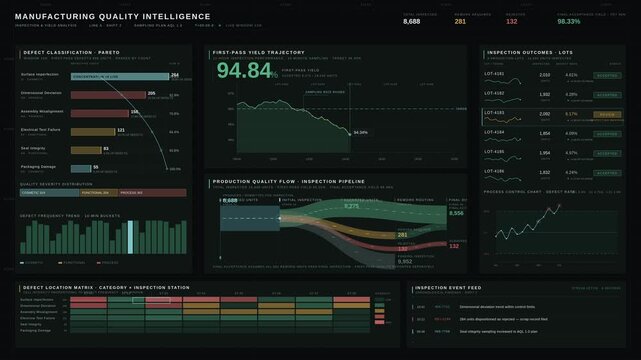 Cinematic 4K manufacturing quality dashboard animation showing defect categories, production yield trends, and inspection pipeline flow in dark industrial style for factory data visualization.