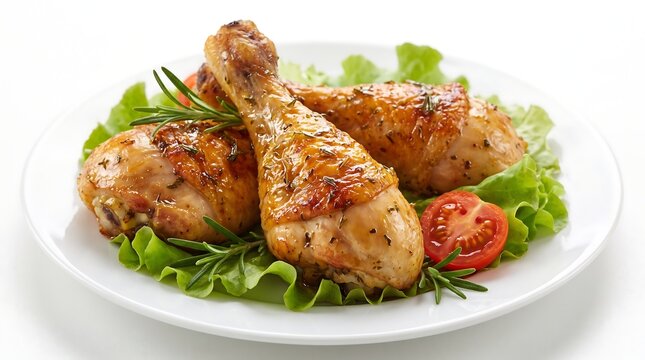 Roasted chicken drumsticks arranged on a white plate with fresh rosemary and cherry tomatoes poultry roast grilled