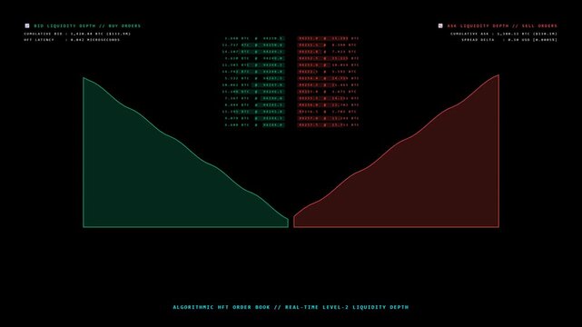 4K 60fps 10-second seamless loop animation of a high-frequency trading (HFT) order book depth chart, bid-ask spread wall and real-time trade execution tape on black background.