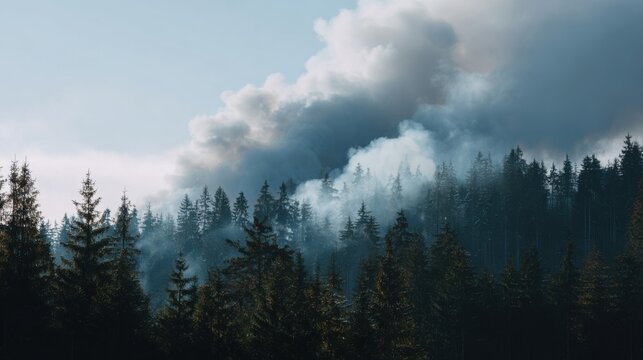 Trees form a charcoal-dark forest silhouette beneath a smoke cloud, creating a contrast against the sky in a wooded area during the day