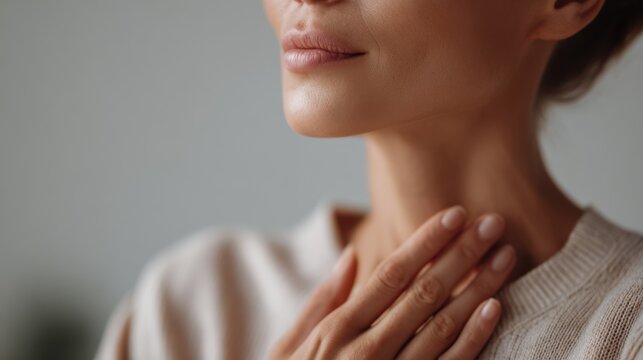 Indoors, a woman places both hands over her heart and inhales slowly while regaining calm during a mindfulness practice, shown in a close-up with soft lighting