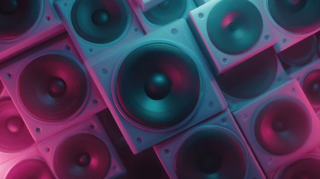 Speakers fill an abstract nightclub setting as magenta and cyan light falls across them, while a camera slides laterally through the geometric arrangement
