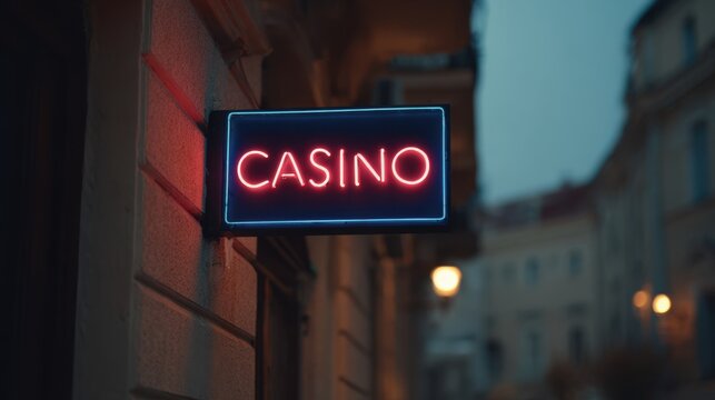 A neon casino sign glows on a building above an urban street at night, with red and blue light and a slow lateral camera movement