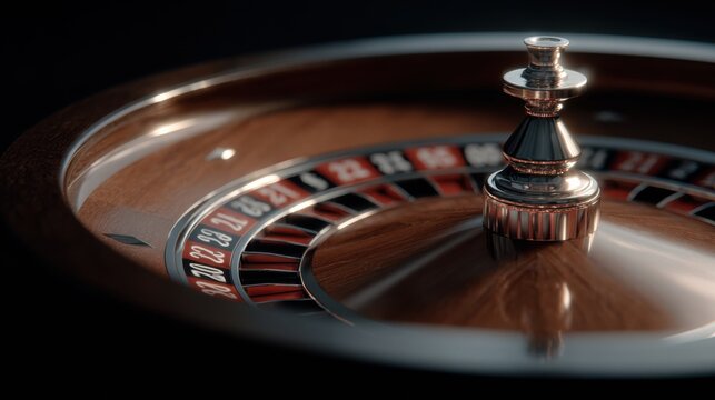 A roulette wheel spins at a casino table at night, with the polished metal and glossy surface reflecting moody light as the camera tracks its circular motion